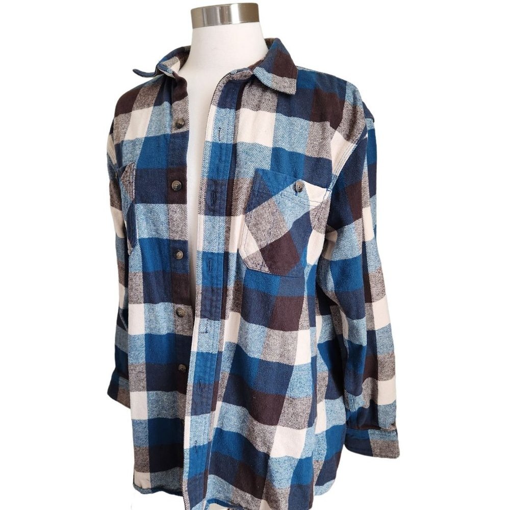 SCHMIDT Workwear Plaid Check Shacket Shirt Jacket Size Medium Blue Brown‎
